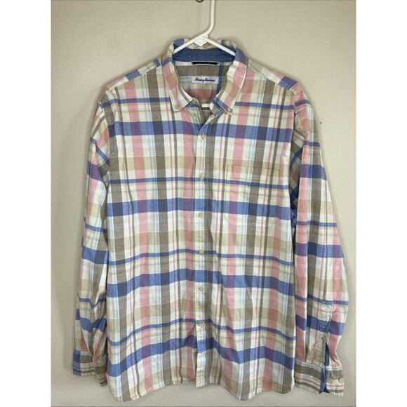 Tommy Bahama Pastel Plaid Chambray Contrast Cuff L/S Button Down Shirt Large - Picture 1 of 5